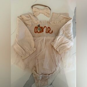 Baige Tulle Baby Romper with Embroidery with headband bow